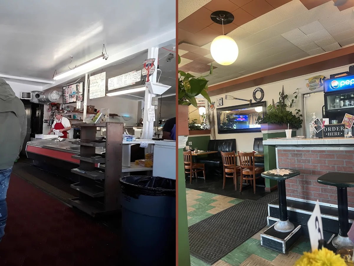 Simple restaurant interior with seated diners.